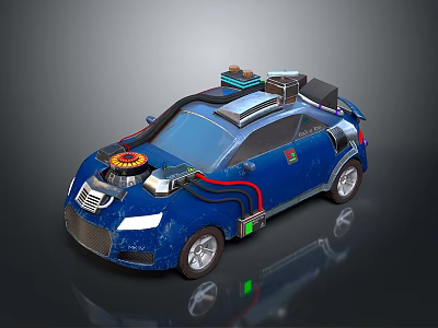 Blue Modified Car With Roof Equipment And Connected Body Wires 3d model