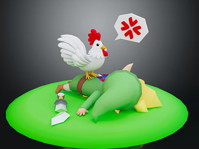Green Clad Character Lying on Green Ground With White Rooster Speech Bubble Four Leaf Clover 3d model
