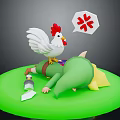 Green Clad Character Lying on Green Ground With White Rooster Speech Bubble Four Leaf Clover