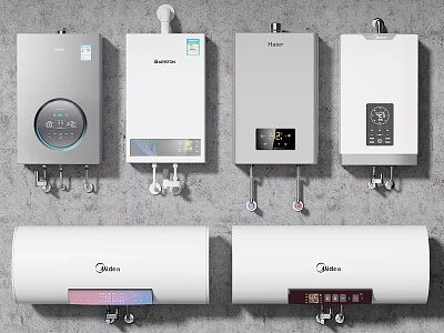 White Wall Mounted and Cylindrical Household Water Heaters by Haier Midea with Control Panels 3d model