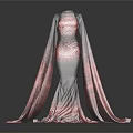 Red And Gray Evening Gown With Sequined Design Trailing Train And Glowing Details 3d model
