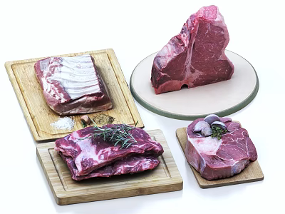 Fresh Raw Meat Cuts on Wooden Cutting Boards with Herbs and Salt 3d model