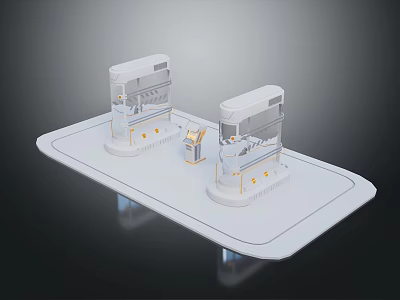 Cartoon Style Scene With White Platform Two Pavilion Structures And Small Device 3d model