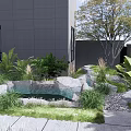Tranquil Courtyard Garden With Stone Pond Green Plants Pathway And Wooden Seating Area
