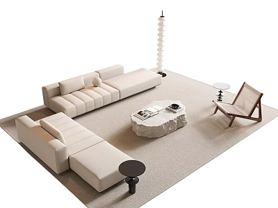 Modern Beige Sofa and Stone Coffee Table Set with Wooden Armchair Floor Lamp Rug 3d model