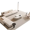 Modern Beige Sofa and Stone Coffee Table Set with Wooden Armchair Floor Lamp Rug