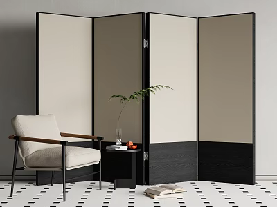 Modern Folding Screen With Black Frame Beige Panels Accent Chair Side Table And Green Plant 3d model