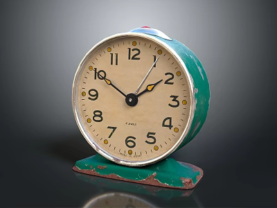Vintage Green Alarm Clock With Cream Dial Numeral Markings And Rustic Base 3d model
