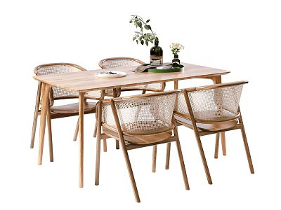 Wooden Dining Table With Rattan Back Chairs And Decorative Plants On Top 3d model