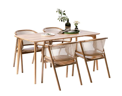 Wooden Dining Table With Rattan Back Chairs And Decorative Plants On Top 3d model
