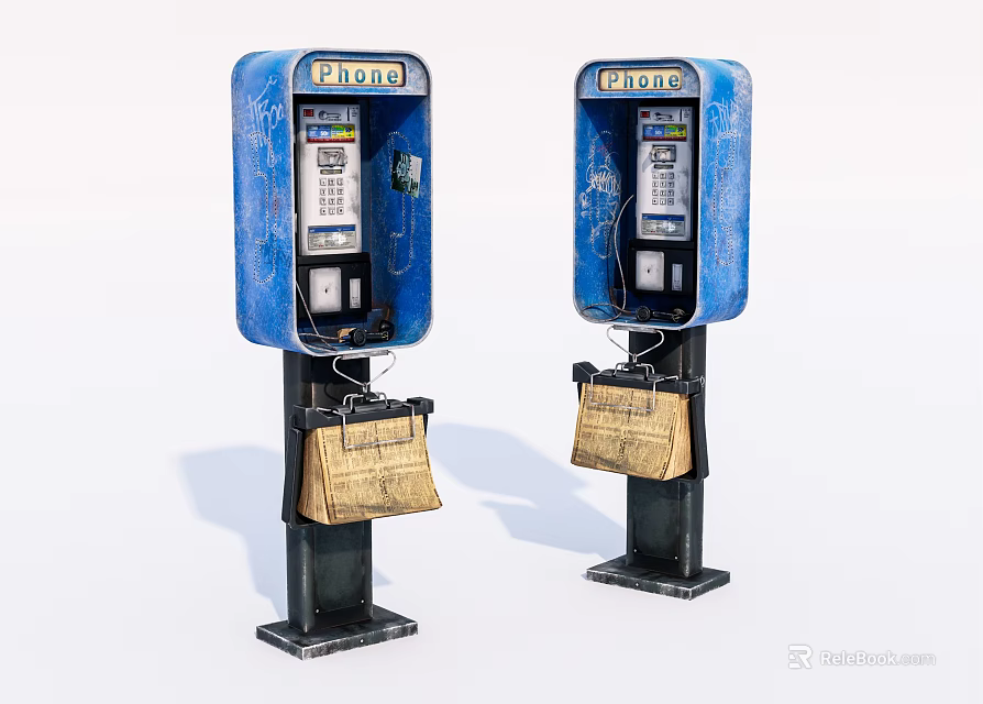 Two Blue Vintage Public Phone Booths In Mobile Digital Communication Scene 3d model 