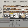 Coffee Shop Bar Counter With Coffee Machines Coffee Cups Pastries Wooden Shelves And Black Stools