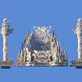 Ornate Carved Architectural Pillars With Blue Spherical Tops And Central Flame Decorated Throne Structure