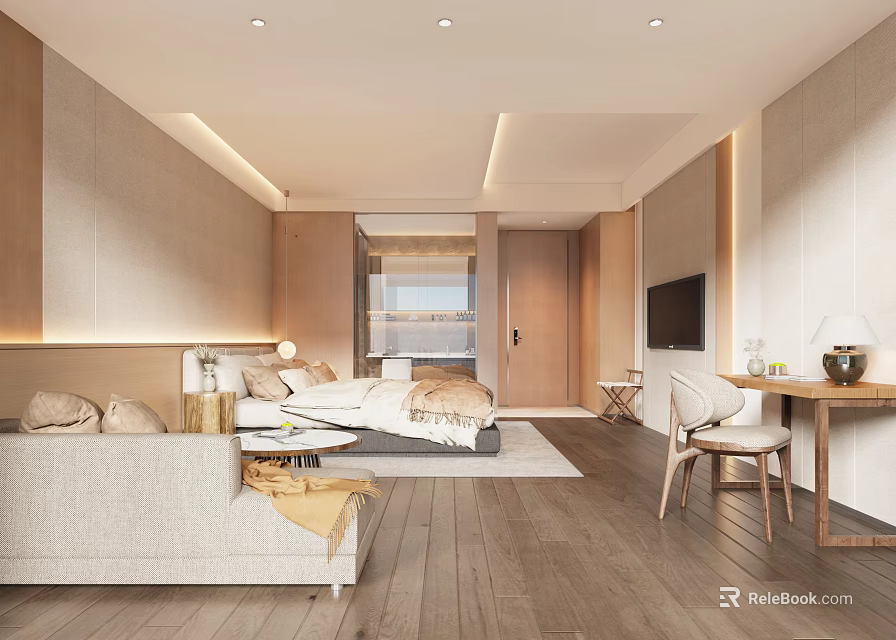 Modern Hotel Guest Room Interior Design With Comfortable Bed Sofa TV And Wooden Flooring 3d model 