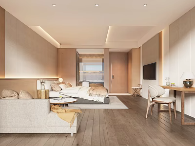 Modern Hotel Guest Room Interior Design With Comfortable Bed Sofa TV And Wooden Flooring 3d model