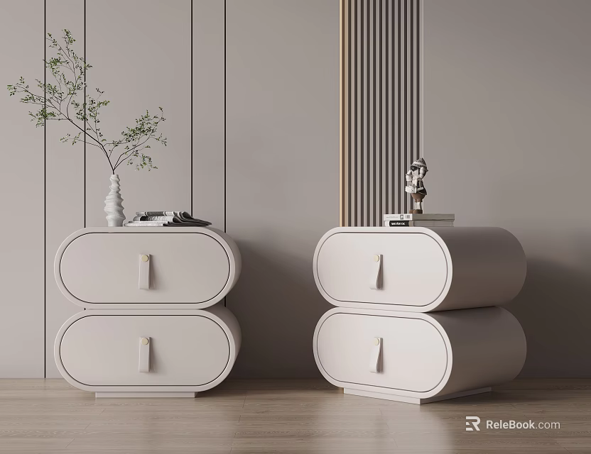 White Modern Nightstand with Two Drawers Gold Handles Vase Green Plant Books and Statue 3d model 