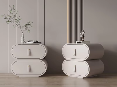 White Modern Nightstand with Two Drawers Gold Handles Vase Green Plant Books and Statue 3d model