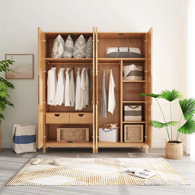 Natural Wooden Wardrobe Interior With Hanging White Clothes Drawers Storage Baskets And Plants 3d model 