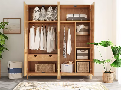 Natural Wooden Wardrobe Interior With Hanging White Clothes Drawers Storage Baskets And Plants 3d model