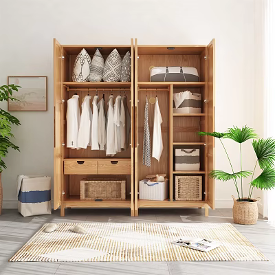 Natural Wooden Wardrobe Interior With Hanging White Clothes Drawers Storage Baskets And Plants 3d model