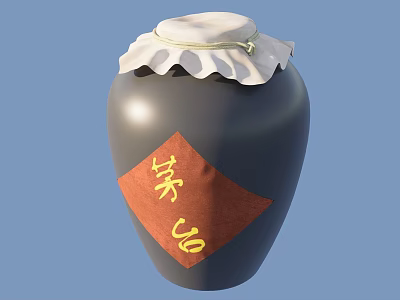Traditional Decorative Ornament Set Black Pottery Jar White Ruffled Lid Red Label Yellow Characters 3d model