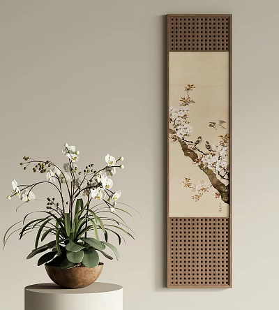 Botanical Painting With Plum Blossoms And Birds On Beige Wall With Potted White Orchids 3d model