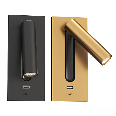 Modern Minimalist Wall Lights With Black And Gold Cylindrical Design And USB Port 3d model