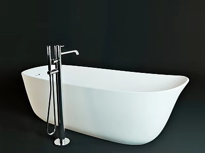 White Bathtub With Modern Silver Floor Mounted Faucet In Dark Background 3d model
