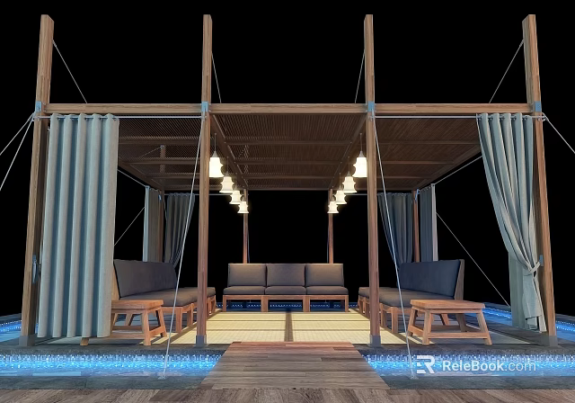 Outdoor Wooden Pergola Lounge With Curtains Hanging Lights Sofa Chairs And Water Elements 3d model 