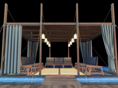 Outdoor Wooden Pergola Lounge With Curtains Hanging Lights Sofa Chairs And Water Elements 3d model