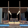 Outdoor Wooden Pergola Lounge With Curtains Hanging Lights Sofa Chairs And Water Elements