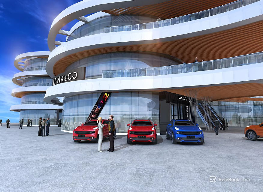 Lynk & Co Commercial Street With Modern Curved Architecture Glass Curtain Walls And Cars On 3d model 