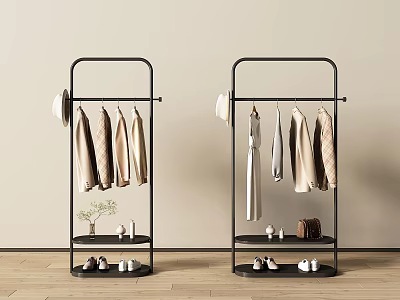 Black Metal Clothes Racks with Hanging Coats Dresses Shoes and Bags on Shelves 3d model