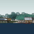 Picturesque Waterfront Marina Featuring Wooden Dock Boats Trees Shore Buildings And People