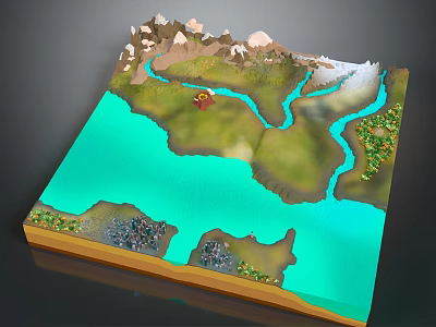 Natural Terrain Model Featuring Blue Water Winding Rivers Green Land and Snowy Peaks 3d model