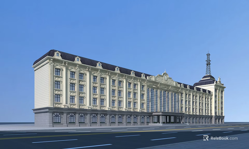 Classical European Residential Building With Yellow Exterior Black Roof Multiple Windows And Tower 3d model 