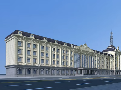 Classical European Residential Building With Yellow Exterior Black Roof Multiple Windows And Tower 3d model