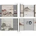 Chinese Style Feature Wall with Traditional Mountain Landscape and Pavilion Design