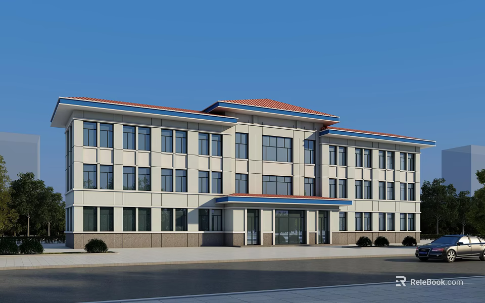 Modern Office Building with Red Roof Light Colored Exterior Large Windows Blue Trim and Trees 3d model 
