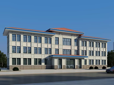 Modern Office Building with Red Roof Light Colored Exterior Large Windows Blue Trim and Trees 3d model