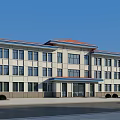 Modern Office Building with Red Roof Light Colored Exterior Large Windows Blue Trim and Trees