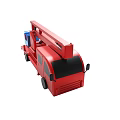 Red Utility Vehicle With Extendable Arm And Blue Working Basket Platform
