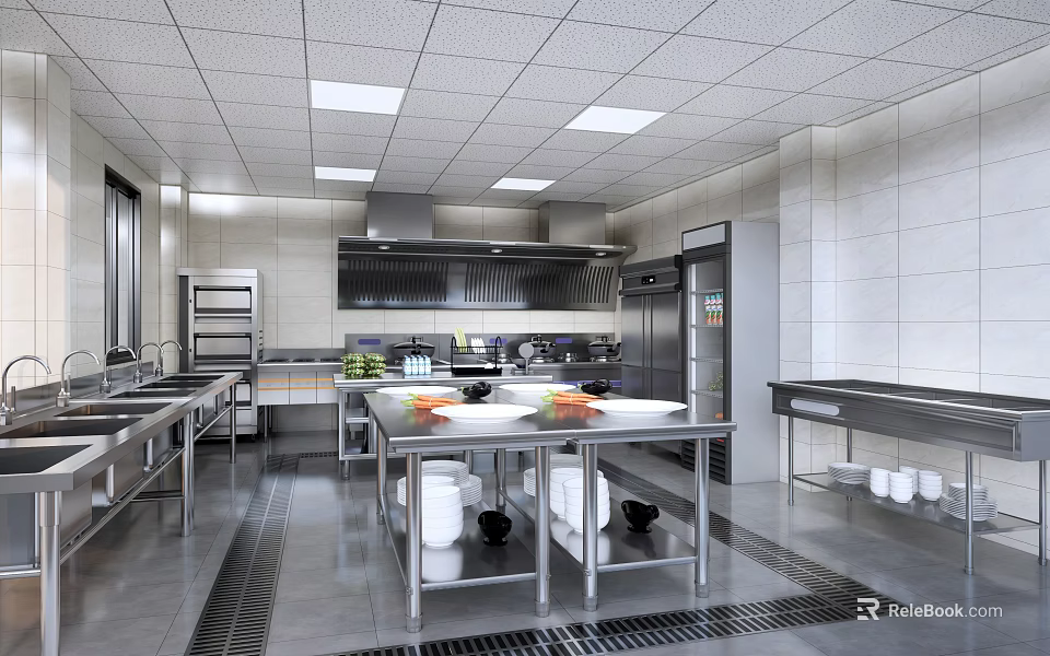 Commercial Kitchen With Stainless Steel Utensils Workbench Storage And Fresh Ingredients 3d model 