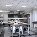 Commercial Kitchen With Stainless Steel Utensils Workbench Storage And Fresh Ingredients