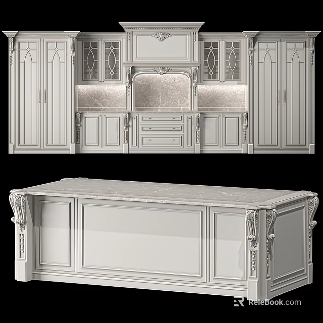 Traditional Kitchen Interior With Elegant Cabinets Carved Details And Marble Countertop 3d model 