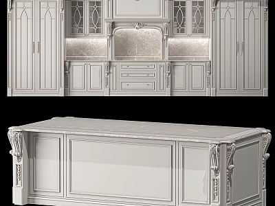 Traditional Kitchen Interior With Elegant Cabinets Carved Details And Marble Countertop 3d model