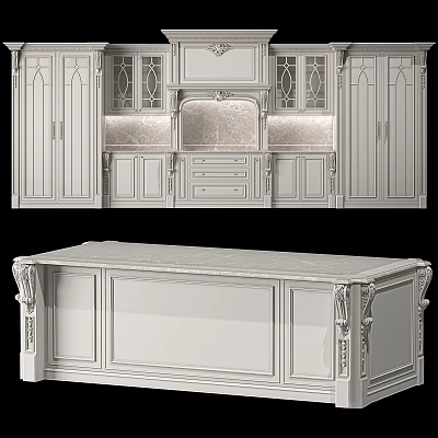 Traditional Kitchen Interior With Elegant Cabinets Carved Details And Marble Countertop 3d model