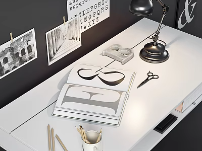 Modern Desk Setup With Books Drawing Board And Wall Alphabet Decor 3d model