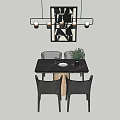 Modern Dining Table Set With Marble Top Gray Chairs Hanging Light And Geometric Wall Art 3d model