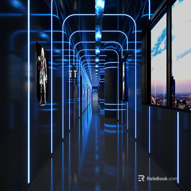 KTV Corridor With Blue Neon Lights And City View Screens 3d model 